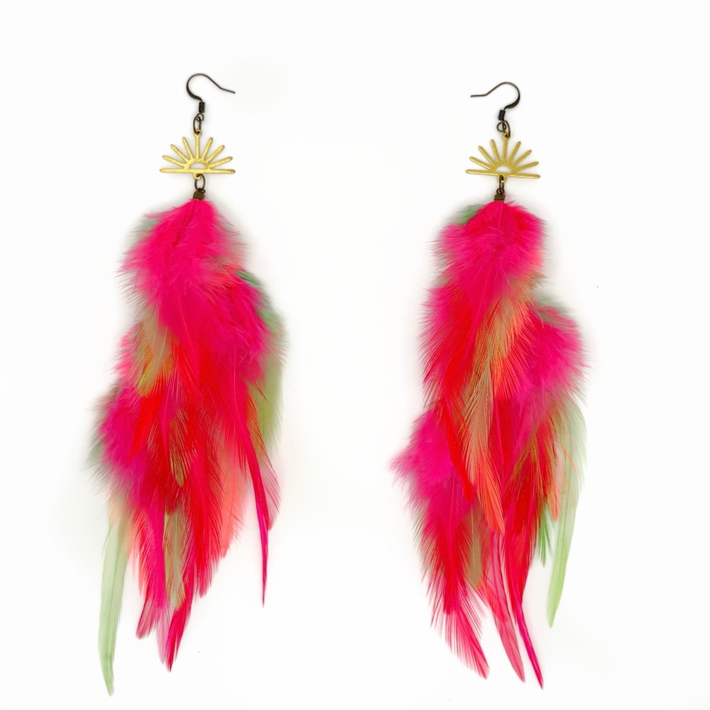 Vibrant Feather Earrings in hot pink and pastel green